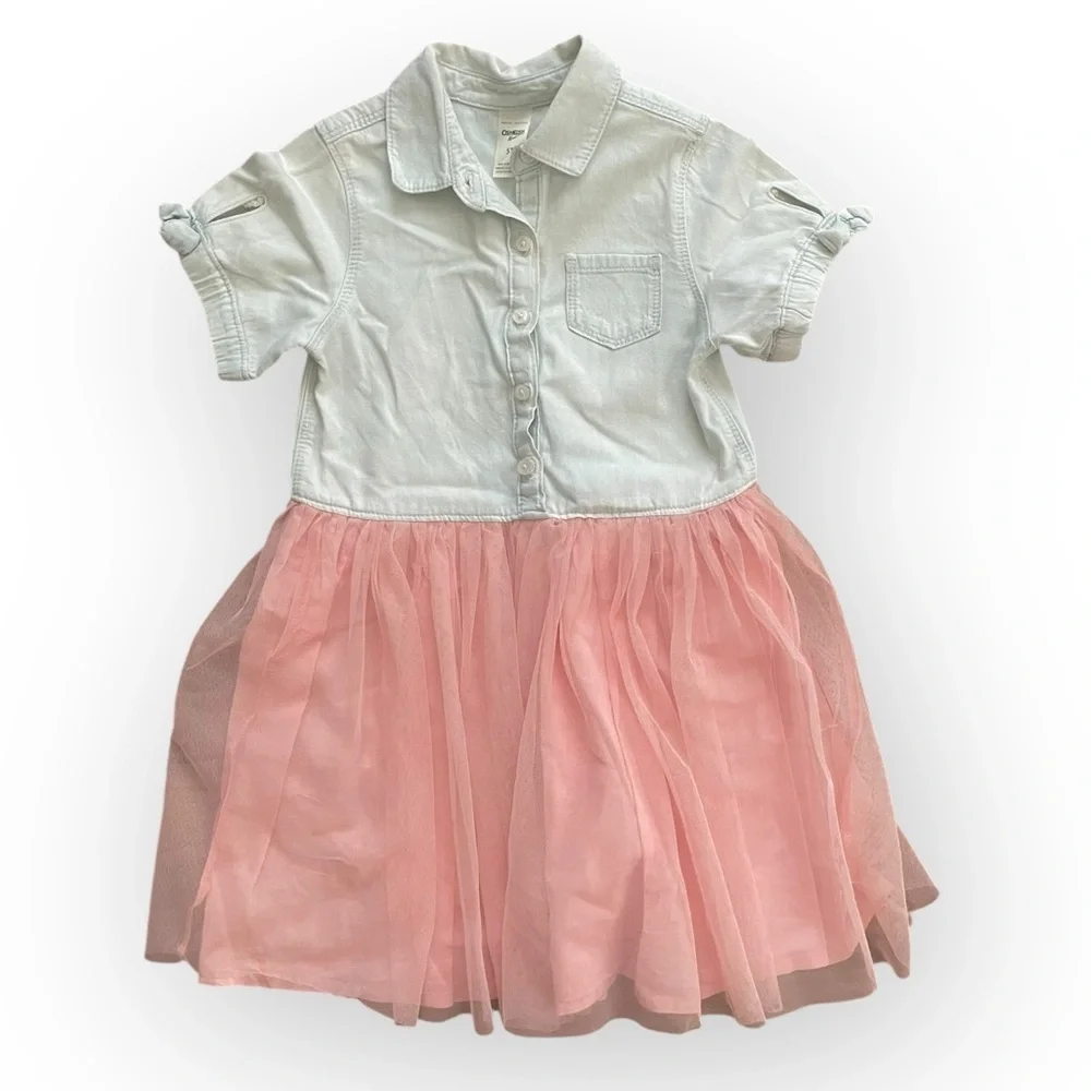 Oshkosh B’Gosh girls chambray button down tulle skirt short sleeve dress 5T pink